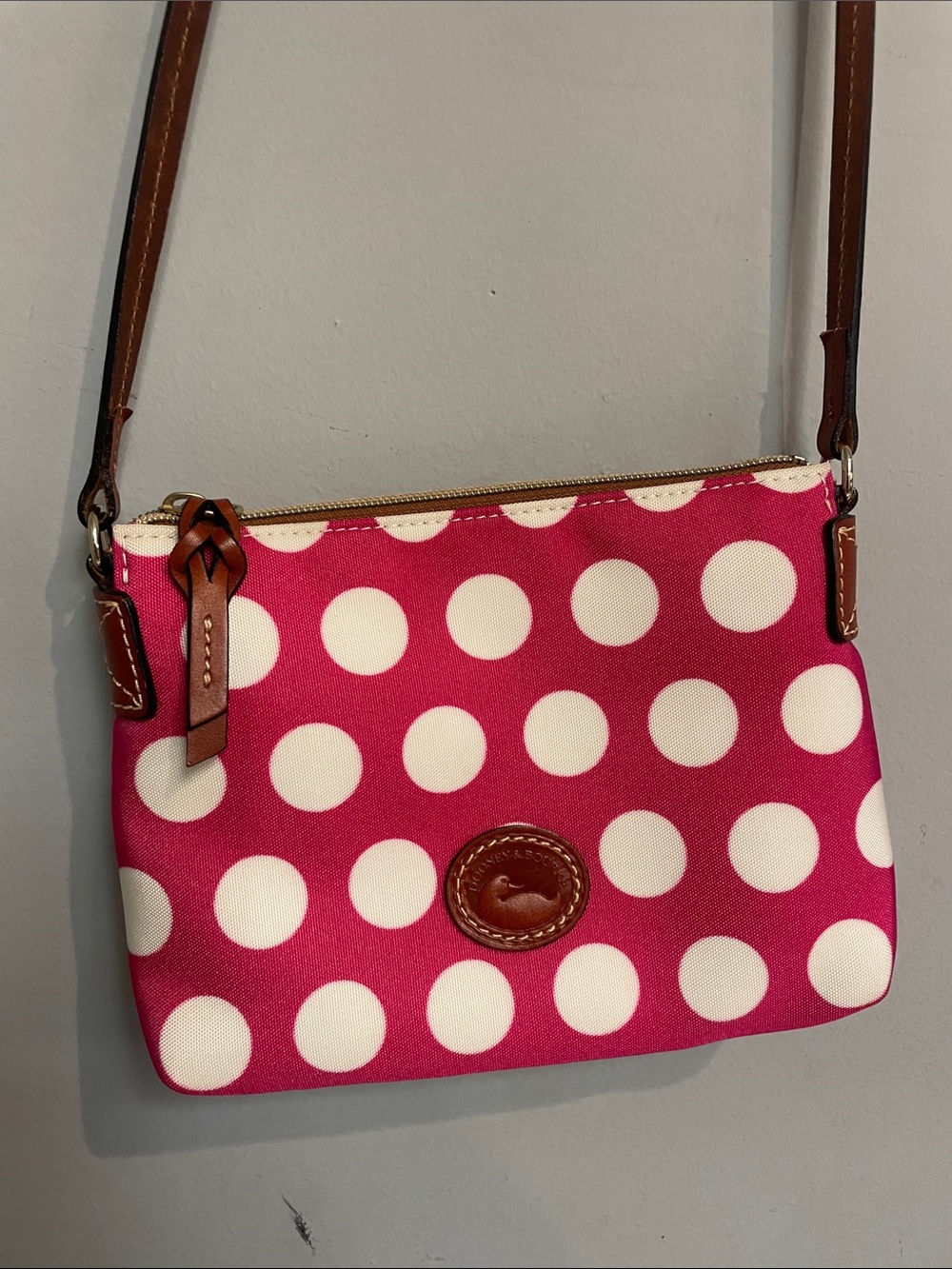 Dooney & Bourke Pink and White Polka Dot Crossbody with Brown Leather Trim